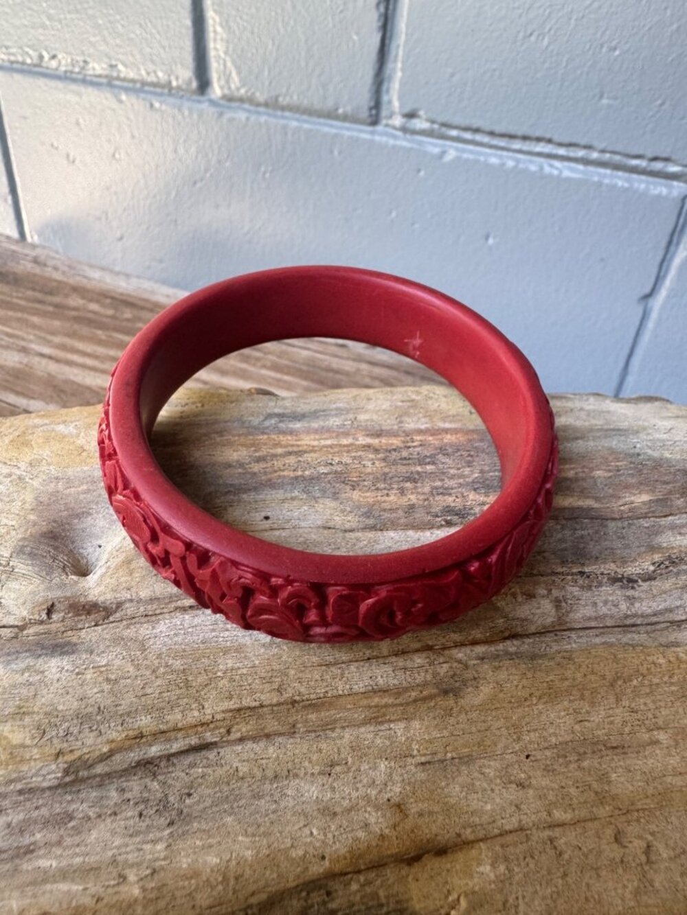 Cinnabar Bangle Bracelet Womens Red Carved Floral Lacquer Vintage 7.6in